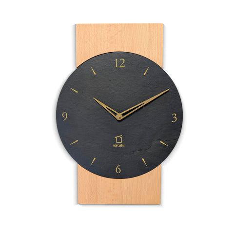 Natuhr Schiefer Wanduhr Steinbuche Buche geölt schwarzer Stein goldene Zeiger - www.wanduhr.de