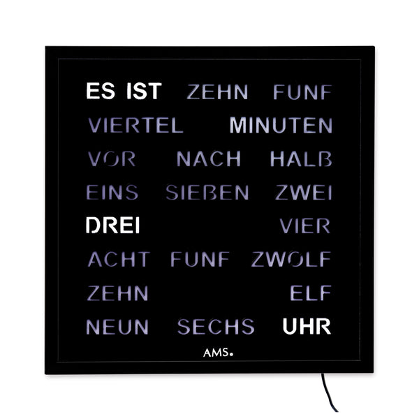 AMS 1265 Wortuhr – Elegante LED-Wanduhr schwarz XL