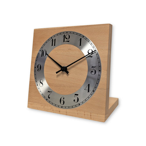 Natuhr Tischuhr Buche Holz - Knick - Massivholz Design - silberner Metall Zahlenreif