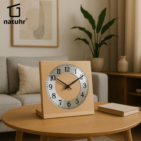 Natuhr Tischuhr Buche Holz - Knick - Massivholz Design - silberner Metall Zahlenreif