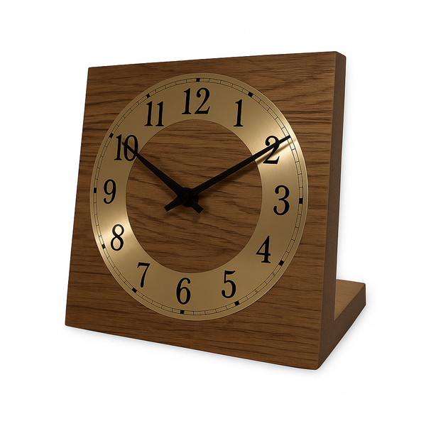 Natuhr Tischuhr Eiche Holz - Knick - Massivholz Design - goldener Metall Zahlenreif