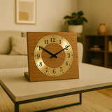 Natuhr Tischuhr Eiche Holz - Knick - Massivholz Design - goldener Metall Zahlenreif