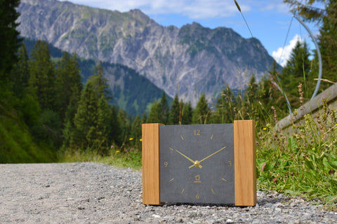 Wand-/Tischuhr Dachstein Eiche Massivholz mit Schiefer - Natuhr Ⓡ - www.wanduhr.de